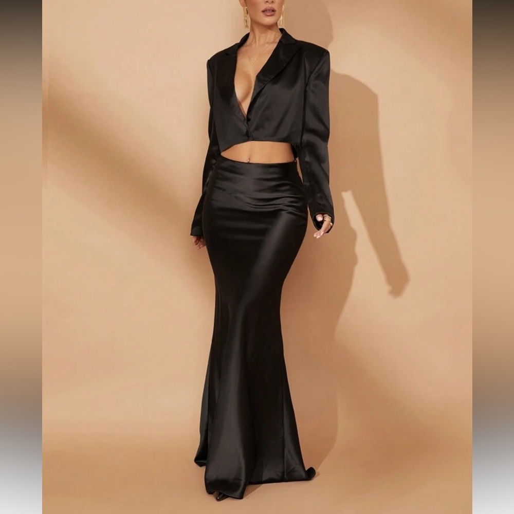 Elegant Black Satin Skirt Set